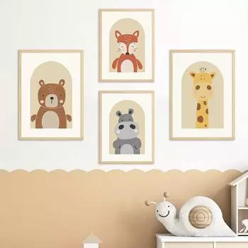 Cartoon Cute Lion Hippo Bear Giraffe Animals Nursery Print Canvas PaintingPoster Beige Wall Art Picture Baby Bedroom Home Decor 21x30cm No Framed