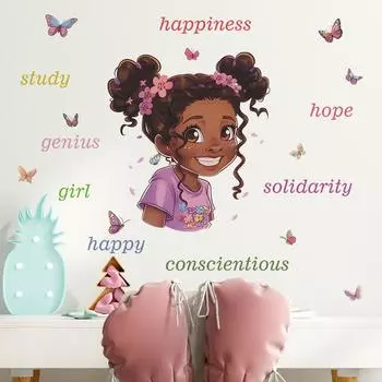 Cartoon Cute Little Girl Wall Sticker Inspirational English Quotes Motivational Slogan Kids Room Bedroom Decor Home Background Decoration разноцветный