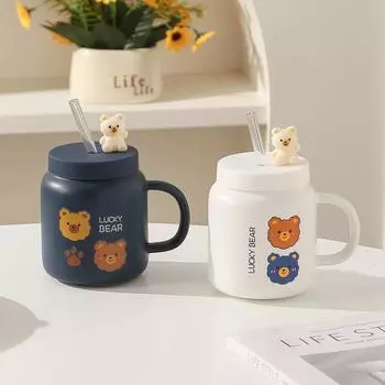 Мультяшная милая кружка креативная керамическая чашка с крышкой Lucky Bear для пар, чашка для воды, домашний завтрак, кофейная чашка 401-500ml