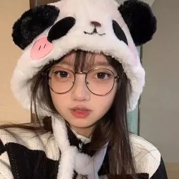 Cartoon cute plush black and white panda ear protector Lei Feng hat children autumn and winter plush warm cold ski hat M56-58cm