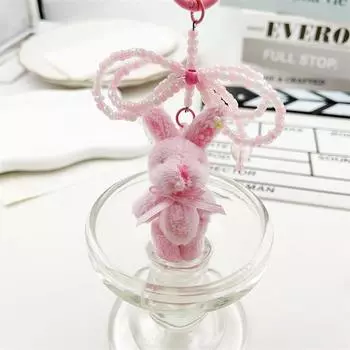 Cartoon Cute Plush Bunny Bow Beaded Keychain Pendant Keyring Stuffed Rabbit Bag Hanging Ornaments Backpack Accessories Kids Gift розовый