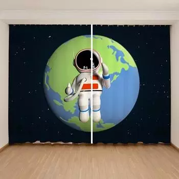 Cartoon Cute Space Astronaut Planet Curtain Children s Boys Girls Bedroom Window 2 Panels High Shading New Fashion Pattern W55 X H120cm X 2&HOOK