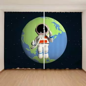 Cartoon Cute Space Astronaut Planet Curtain Children s Boys Girls Bedroom Window 2 Panels High Shading New Fashion Pattern W55 X H120cm X 2&HOOK