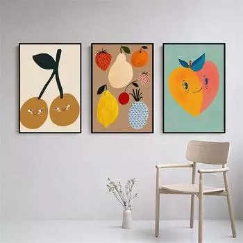 Cartoon Cute Strawberry Lemon Abstract Fruit Poster and Prints Nordic Wall Art Canvas Painting Pictures for Kids Room Home Decor 21x30cm No Framed