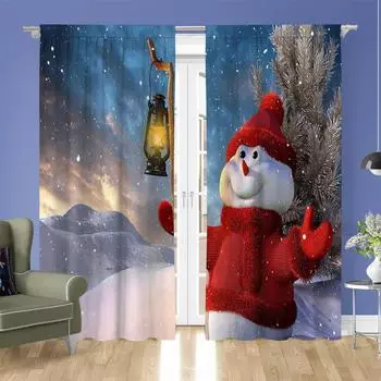 Cartoon CuteSnowman Merry Christmas Red Green Window Curtains For Kids Bedroom Living Room Bathroom Kicthen Door Home Decor 2Pcs W50 X H130(CM)X2&Hook