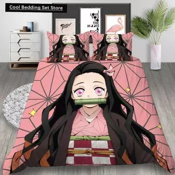 Cartoon Demon Slayer Bedding Set Duvet Covers Japan Anime 3D Printed Comforter Bedding Sets Bedclothes Bed Linen(NO Sheet) 150x200cm 3pcs