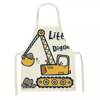 Cartoon Digger Kitchen Aprons for Kids Sleeveless Cotton Linen Cooking Cleaning Tools Printing Painting Apron Children Art Smock 47x38cm