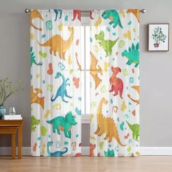 Cartoon Dino Dinosaur Pattern Tulle Sheer Curtains for Living Room the Room Bedroom Kitchen Decoration Voile Organza Curtains 135W x 114H(cm)