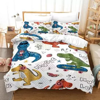 Cartoon dinosaur Style Digital Print Duvet Kit - Polyester - Bedroom Decor -1 bed cover +2 pillowcases (no pillow core) 173x229cm