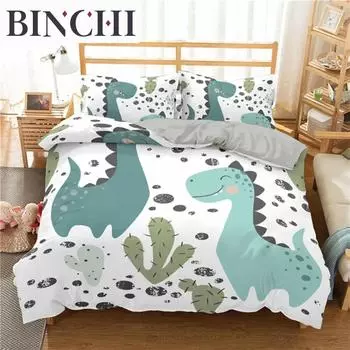 Комплект постельного белья для малышей с изображением динозавра из мультфильма, пододеяльник из микрофибры с наволочками для мальчиков и девочек-подростков EU single(135x200cm)