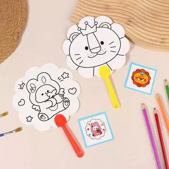 Cartoon Diy Graffiti Fan Children S Cute Hand-Painted Blank Round Fan Children S Day Coloring Painting Plastic Small Fan