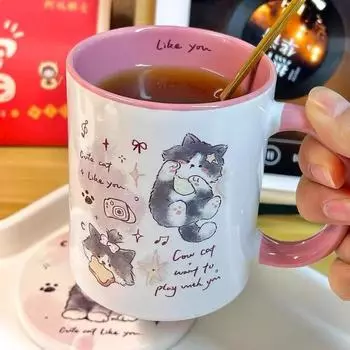 Cartoon Dog Cat Ceramic Mugs, Water Milk Breakfast , Coffee Cup, Best Friend, Couple, Girlfriend, Birthday Gift Drinkware 330ml
