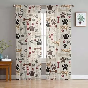 Cartoon Dog Footprints Bones Animals Sheer Curtains for Living Room Modern Voile Curtain Bedroom Tulle Curtains Window Drapes W135 x H114cm