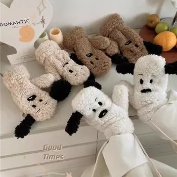 Cartoon Dog Plush Mittens Thickened Winter Gloves Fashion Full Finger Gloves Outdoor белый