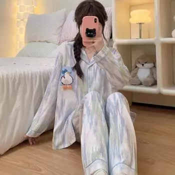 Cartoon Ducks Harajuku Style Women s Pajamas Long Sleeve Tie-dye Design Pajamas for Women Autumn Winter New Soft Home Wear M бежевый