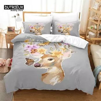Cartoon Elk Duvet Cover Giraffe Deer Bedding Set Full For Kids Teens Room Decor Wild Animal Floral Quilt Cover With Pillowcases EU single(135x200cm)