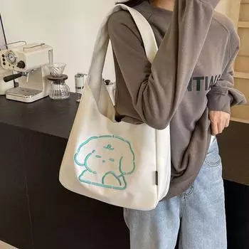 Холщовая сумка с мультяшной вышивкой, женская большая сумка, большая вместительная студенческая сумка на плечо бежевый