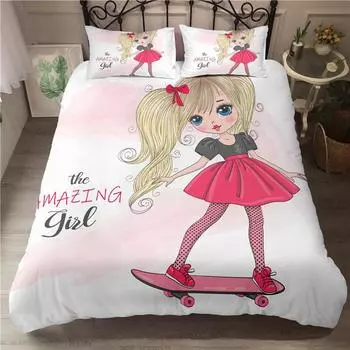 Cartoon Fashion Girl Duvet Cover Personality Girl Playing Skateboard Bedding Set Microfiber 3D Print Comforter Cover King Size 70x133cm 2pcs