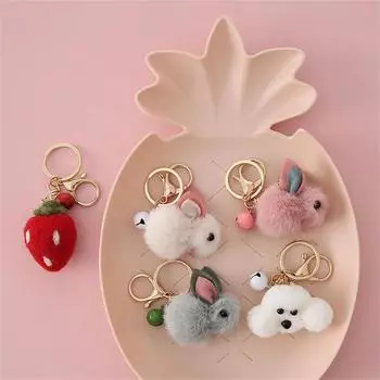 Cartoon Faux Fur Plush Rabbit Keychain Cute Wool Felt Strawberry Teddy Doll Shape Keyring Women Wallet Ornaments A
