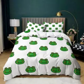 Cartoon Frog Duvet Cover Set KingQueen Size Lovely Green Animal Reptile Funny Face Bedding Set Polyester Comforter Cover EU Single 135x200cm