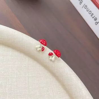 Cartoon Fun Green Apple Earings Set Female Silver Needle Stylish Sketch Cat Student Ear Bone Stud Set Girlish Style [A pair] red mushroom (S925 tremella needle)