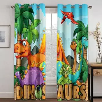 Cartoon Funny Lovely Cute Dinosaur Boy Window Curtains Blinds For Living Room Kids Bedroom Bathroom Kicthen Door2Pcs Home Decor W50 X H130(CM)X2&Hook