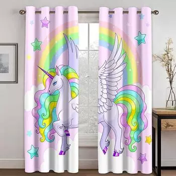 Cartoon Funny Lovely Unicorn Rainbow Animal Window Curtains Blinds for Living Room Kids Bedroom Kitchen Door Home Decor 2Pieces W50 X H130(CM)X2&Hook
