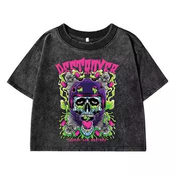 Cartoon Funny Printing Female Washed Short T Shirts Hip Hop Breathable T-Shirt Street Clothes Fashion Distress Tshirts M