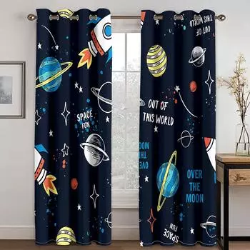 Cartoon Galaxy Rocket Planet Curtain Astronaut Creative 2 Panel Fit Living Room Bedroom Kitchen Balcony Window Decor 50W130H(CM)X2PCS&Grommet Top