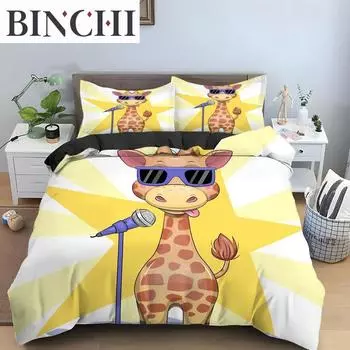 Cartoon Giraffe King Queen Duvet Cover Boys Girls Boys Animal Bedding Set Wildlife Quilt Cover 2/3pcs Polyester Comforter Cover EU single(135x200cm)