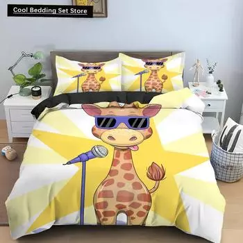 Cartoon Giraffe King Queen Duvet Cover Kids Girls Boys Animal Bedding Set Wildlife Quilt Cover 2/3pcs Polyester Comforter Cover EU single(135x200cm)