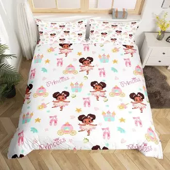 Cartoon Girl Pink Princess Duvet Cover Kawaii Castle Carriage Bedding Set,Ballet Dancer Comforter Cover Star Flower Quilt Cover EU Single(135x200cm)
