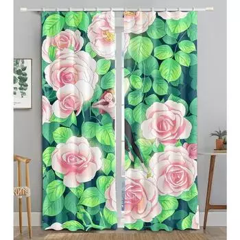Мультяшная девушка розовая роза тюльпан белая лилия цветы занавеска детская спальня 2 панели высокая затененность мода различные цветовые узоры W55 X H120cm X 2&HOOK