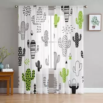 Cartoon Graffiti Green Black White Cactus Sheer Curtains for Living Room Modern Bedroom Voile Tulle Curtain Window Drapes W135 x H114cm