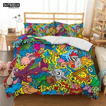 Cartoon Graffiti Print Polyester Bedding Sets Child Kids Covers Boys Duvet Cover Set For Teens King Size Bedding Set US Queen(228x228cm