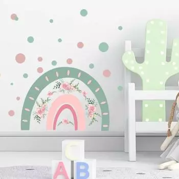 Cartoon green pink rainbow flowers living room decoration Bedroom transformation warm atmosphere wall stickers self-adhesive 40x60cm