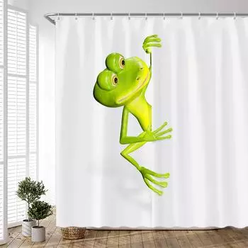 Cartoon Happy Green Frog Shower Curtain for Bathroom Children Bath Curtain Home Decor Polyester Washed Fabric Scenery with Hook 90x180cm-35x70in