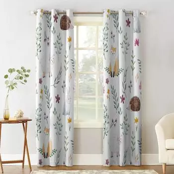 Cartoon Hedgehog Fox Rabbit Spring Bedroom Kitchen Living Room Decoration Items Window Curtains for Living Room 135W x 60H(cm)