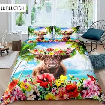 Cartoon Highland Cow Duvet Cover Set Western Animal Bedding Set 3D Ocean Bull Cattle Comforter Cover Floral Branches Quilt Cover EU single(135x200cm)