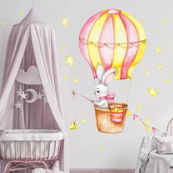 Cartoon Hot Air Balloon Bunny Wall Sticker Children s Room Kids Bedroom Home Decoration Wallpaper Background Decor Cute Stickers