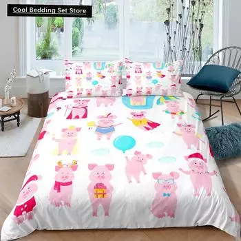 Cartoon Kawaii Pig King Queen Duvet Cover Happy Farm Animal Bedding Set Pink Piggy Quilt Cover 2/3pcs Polyester Comforter Cover EU single(135x200cm)