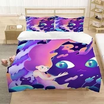 Cartoon King Queen Duvet Cover Painted Art Style Bedding Set for Kids Teens Adults Purple Girl Cat 2/3pcs Polyester Quilt Cover 70x133cm 2pcs