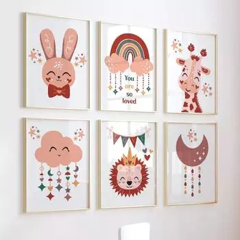 Cartoon Lion Giraffe Rabbit Rainbow Cloud Moon Quotes Wall Art Nursery Pictures KidsPosters Room Decor Canvas Prints Painting 21x30cm No Framed
