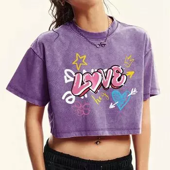 Cartoon Love Art Print Washed T-Shirt Women Fashion Crop Washed Tee Shirts Cotton Summer Tops Short Sleeve Female M