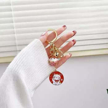 Cartoon Maneki Neko Pendant Small Bell Car Keyring Cute Ceramic Cat Keychain Car Accessories Style A