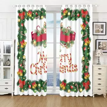 Cartoon Merry Christmas Bell Green Window Curtains for Kids Living Room Bedroom Bathroom Cupboard Kitchen Door Home Decor2Pieces W50 X H130(CM)X2&Hook