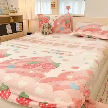 Cartoon Milk Pile Sheet Is Tasted The Fitted New High Weight Snowflake Wool Thickened Warm Bedspread Thickened Mattress Cover Only 2 pillowcases