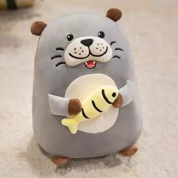 Cartoon Otter Hugging Fish Figure Soft Gray Brown Dolls Throw Pillow Plush Toys Schoolbag Key Pendant Dolls Party Decor Present about 12cm