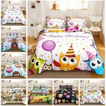 Cartoon Owl Bedding Set 3D Wildlife Print Comforter Cover Bird Animal Duvet Cover King Size Nighthawk Soft Polyester Quilt Cover 70x133cm 2pcs
