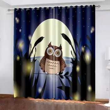 Cartoon Owl Printed Woven Curtains Two Independent Curtains Left and Right Blackout Curtains for Bedroom 132cmx160cm
